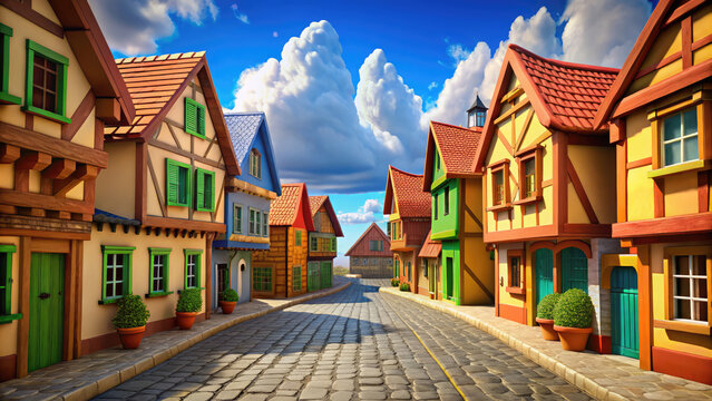 Charming European Village Street with Colorful Buildings and Cobblestone Road, Perfect for Travel, Tourism, and Real Estate Marketing