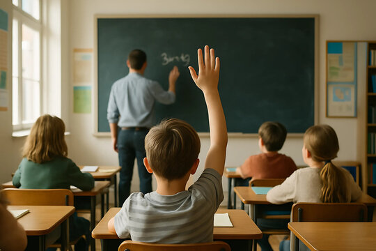 studen in Classroom: A Teacher Writes as a Student Eagerly Raises a Hand