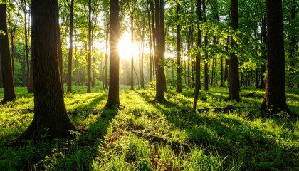 Obraz premium A silent forest bathed in morning sunlight, casting peaceful rays through tall trees