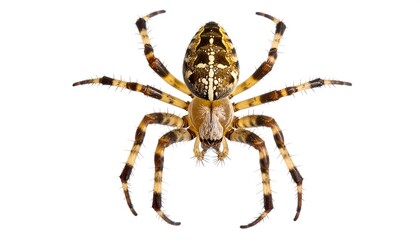 Obraz premium A detailed dorsal view of a spider, showcasing its intricate markings and leg structure against a plain white background