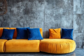 Grey pouf placed near a vibrant yellow curved sofa with blue pillows against a concrete wall, featuring minimalist and loft-style interior design in a modern living room, Generative AI