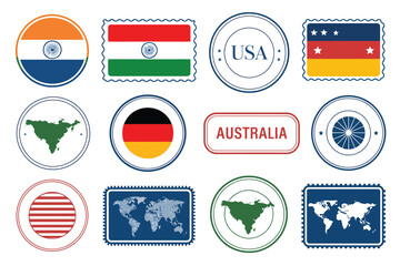 Collection of stamps featuring flags continents and country names on a white background design layout