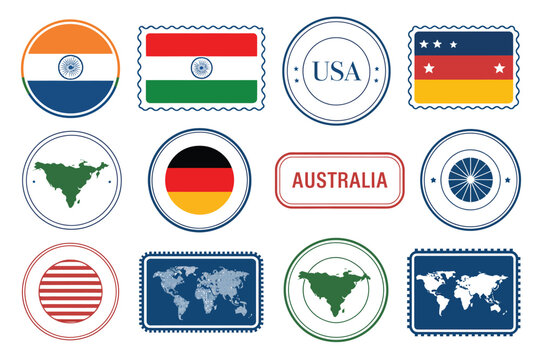 Collection of stamps featuring flags continents and country names on a white background design layout