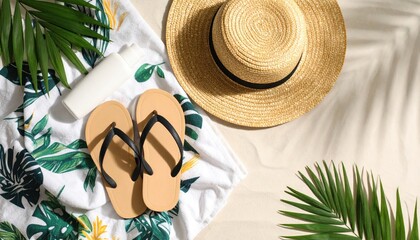 Beach Essentials: Straw Hat, Flip-Flops, Sunscreen, and Palm Fronds on Sandy Background