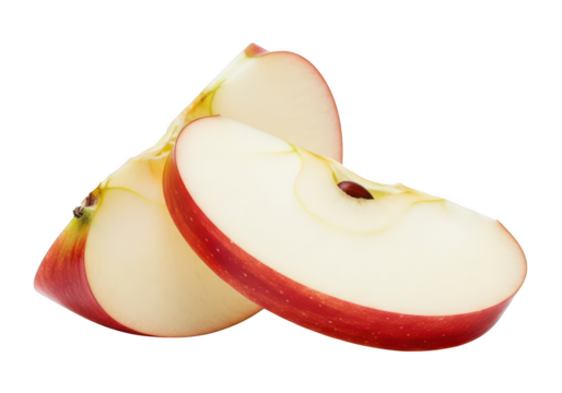 Two thin red apple slices with visible seeds on fruit white