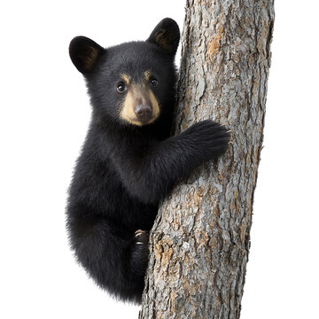 Fototapeta A cute black bear cub climbs a tree trunk, isolated on white on transparent background