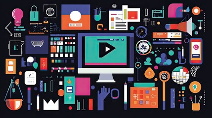 Colorful graphic representation of various digital tools and elements related to video production.