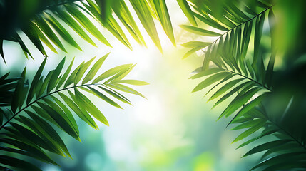 Tropical Palm Leaf Frame with Sunlight – Green Jungle Foliage Background for Nature and Wellness