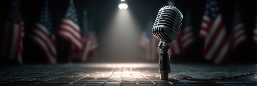 Microphone stands alone on a dark stage with American flags in the background during a somber evening event