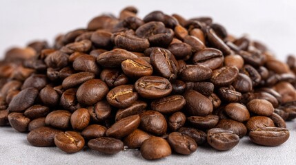 Fototapeta premium A mound of medium to dark roasted coffee beans is displayed on a neutral background, showcasing their rich color and texture, perfect for brewing a flavorful cup of coffee.