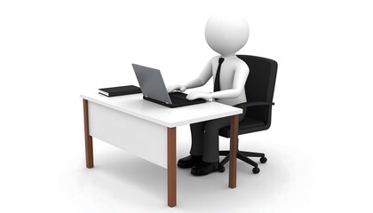 A simple 3D figure sits at a desk using a laptop