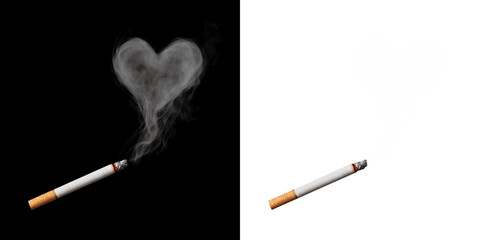 Cigarette and heart shaped realistic smoke. Black background and background transparency set.