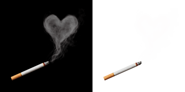 Cigarette and heart shaped realistic smoke. Black background and background transparency set.