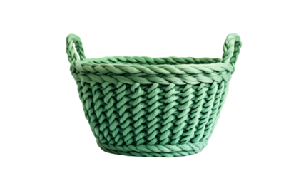 A close up shot of a bright green knitted basket with a ribbed isolated on transparent background