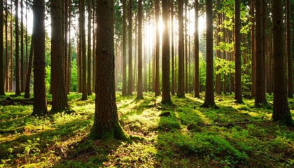 A silent forest bathed in morning sunlight, casting peaceful rays through tall trees
