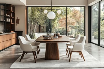 Modern Scandinavian kitchen interior design, featuring a dining table and chairs, emphasizing clean lines and functionality, Generative AI