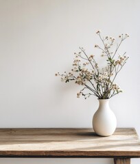 Wooden table with a ceramic vase containing a bouquet of flowers, positioned near an empty, blank white wall. Home interior background offering ample copy space, Generative AI