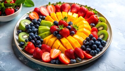 Fototapeta premium Colorful fruit platter with sliced strawberries, kiwi, blueberries, and mango