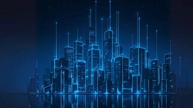 A futuristic city skyline glows with neon blue lights, reflecting in the water below, representing technology and urban innovation - Powered by Adobe