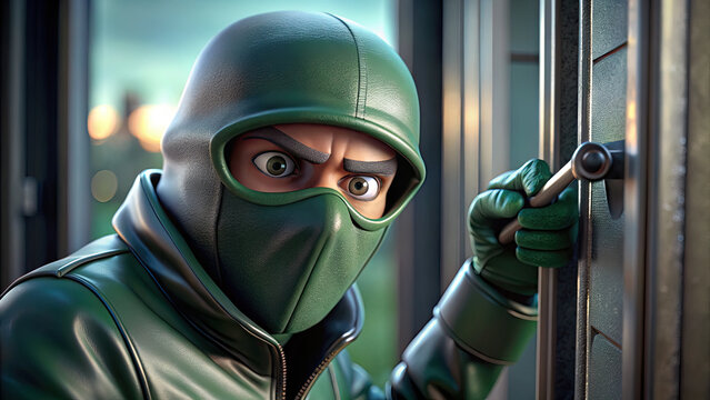 Intruder Breaking In: Close-up of a masked burglar attempting to pick a lock, emphasizing suspense, crime, and security themes