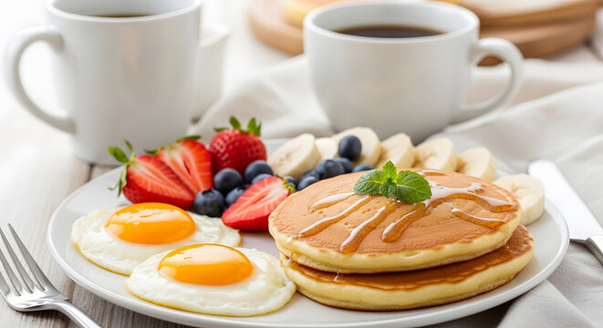Delicious breakfast plate with pancakes, fried eggs, and fresh berries.