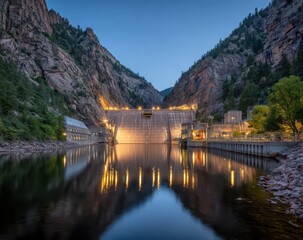 Mountain dam at twilight, reflected in calm water