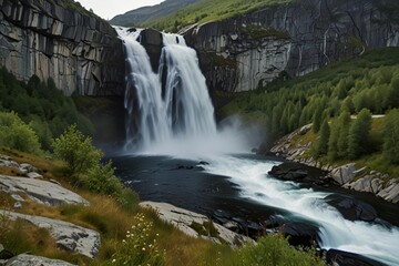 Obraz premium Majestic waterfall cascading down a rugged mountain gorge