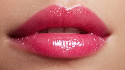 Fototapeta premium Glossy pink lips are highlighted, displaying a smooth and shiny texture. The focus is on the vibrant color and details, emphasizing beauty and cosmetic applications.