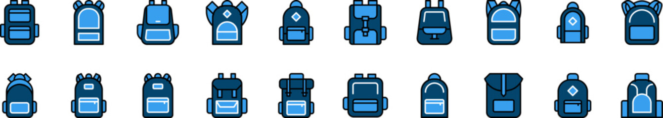 Blue Backpack or Schoolbag Filled Color Icon Set. Minimalistic Linear Pictogram for Web and Graphic Design, Apps, Banners, Social Network and Cards