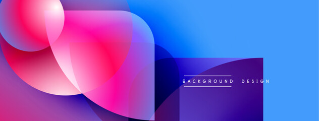 Abstract vibrant shapes overlap, creating dynamic gradient effect. Blue, pink, purple hues dominate composition. Modern design element.