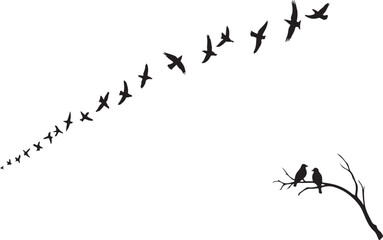 Black and white vector illustration of flying birds with an abstract background