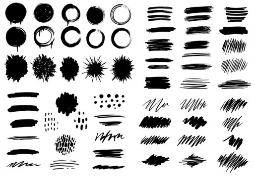 Collection of hand drawn black brush strokes and shapes