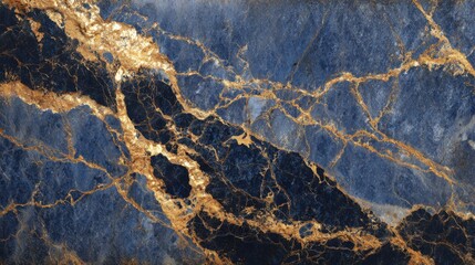This artwork showcases a vibrant blue marble with striking gold veins running through it. The natural stone has a polished surface that reflects light beautifully, highlighting its unique design.