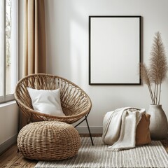 Wicker chair paired with a knitted pouf, placed near a white wall with an art poster frame. Mid-century style interior design for a modern living room, Generative AI