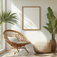 Wicker chair paired with a knitted pouf, placed near a white wall with an art poster frame. Mid-century style interior design for a modern living room, Generative AI