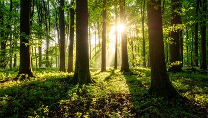 A silent forest bathed in morning sunlight, casting peaceful rays through tall trees