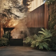 Modern house facade with smoke and lush greenery