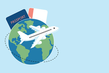 A vector illustration of a plane flying around the earth with a passport and ticket on a light blue background