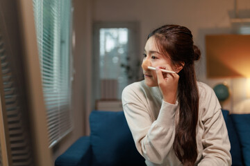 Young Asian woman applying foundation on her nose with a makeup brush, sitting on a sofa in her...