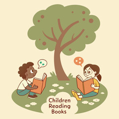 Diverse Group of Children Reading under a Knowledge Tree