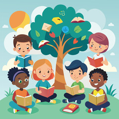 Diverse Group of Children Reading under a Knowledge Tree