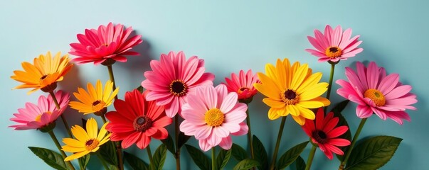 Brightly colored artificial flowers arranged in a studio setting, flowers, interior, colorful