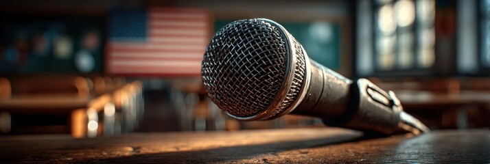 Close-up view of a microphone on a wooden table in a classroom with an American flag in the background during a presentation