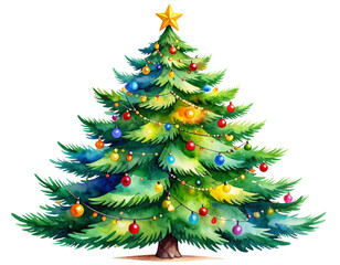 Fototapeta premium Whimsical Hand-Painted Watercolor Christmas Tree with Colorful Garlands, isolated on transparent background PNG