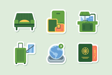 A collection of travel themed stickers including luggage passport and globe on a light green background