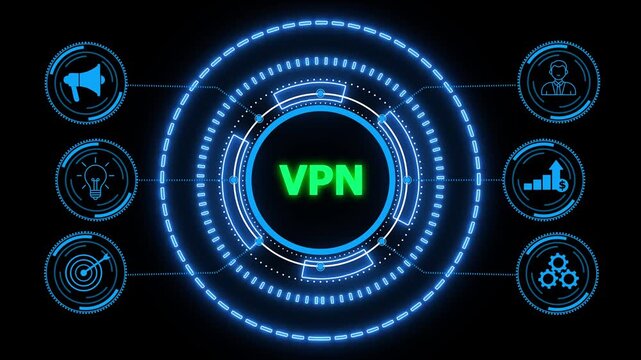 VPN network security internet privacy encryption concept.glowing HUD visuals and icons for marketing, innovation, targeting, growth, user data, and automation.