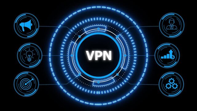 VPN network security internet privacy encryption concept.glowing HUD visuals and icons for marketing, innovation, targeting, growth, user data, and automation.