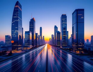Fototapeta premium Dynamic urban cityscape at dusk, with vibrant light trails illuminating the modern highway infrastructure
