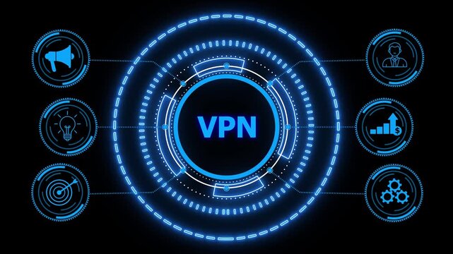 VPN network security internet privacy encryption concept.glowing HUD visuals and icons for marketing, innovation, targeting, growth, user data, and automation.