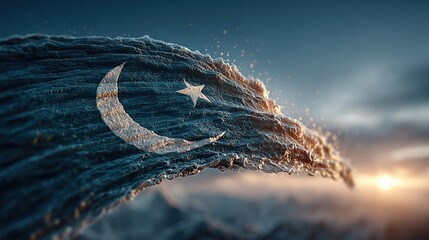 Pakistan flag waving proudly against a clear sky with crescent and star, national pride visual